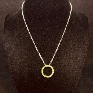 Silver Tone Cable Chain Necklace W/Green Rhinestone Pendant Signed NRT (3844)